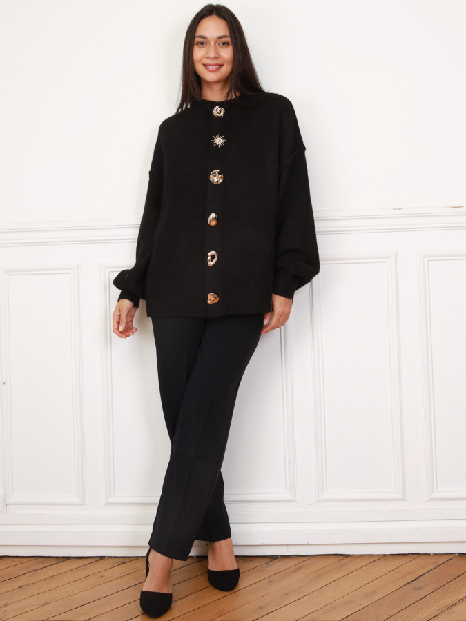 Cardigan oversize noir à boutons fantaisies