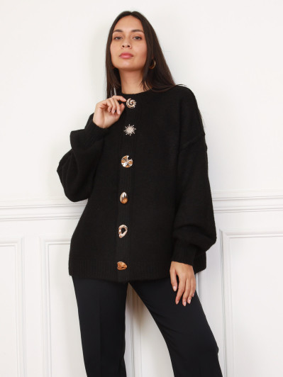 Cardigan oversize noir à boutons fantaisies
