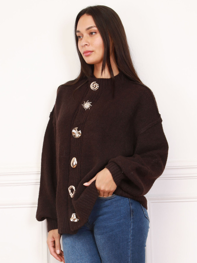 Cardigan oversize marron à boutons fantaisies