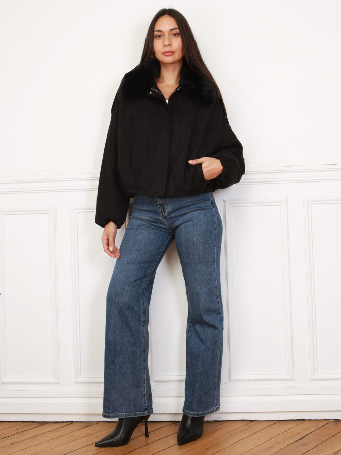 Bomber en suédine et col fausse fourrure noir