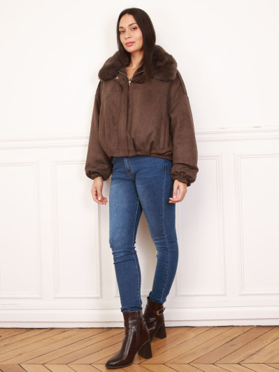 Bomber en suédine et col fausse fourrure marron