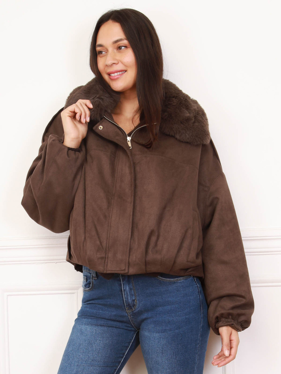 Bomber en suédine et col fausse fourrure marron