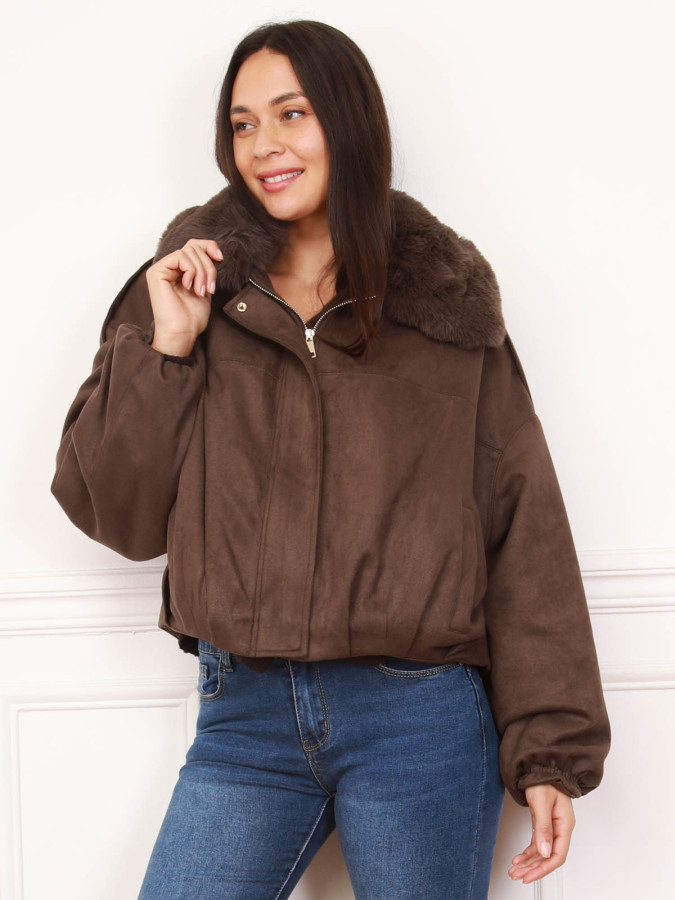Bomber en suédine et col fausse fourrure marron