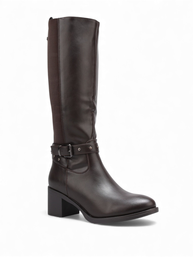 Bottes bi-matières marron à boucle décorative