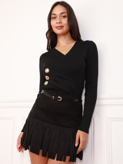 Jupe-short noire à franges et ceinture