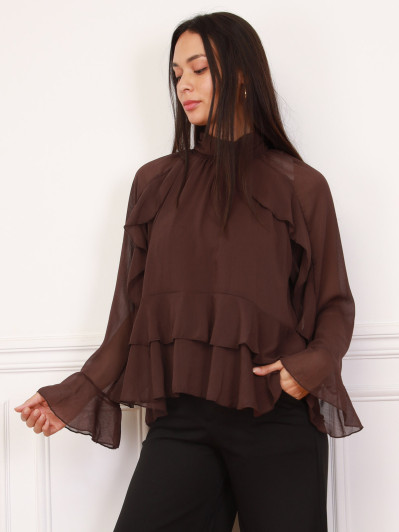 Blouse ample à volants marron et manches évasées
