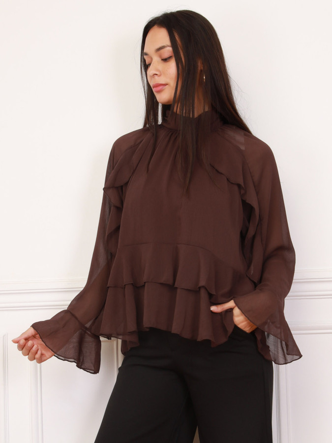 Blouse ample à volants marron et manches évasées