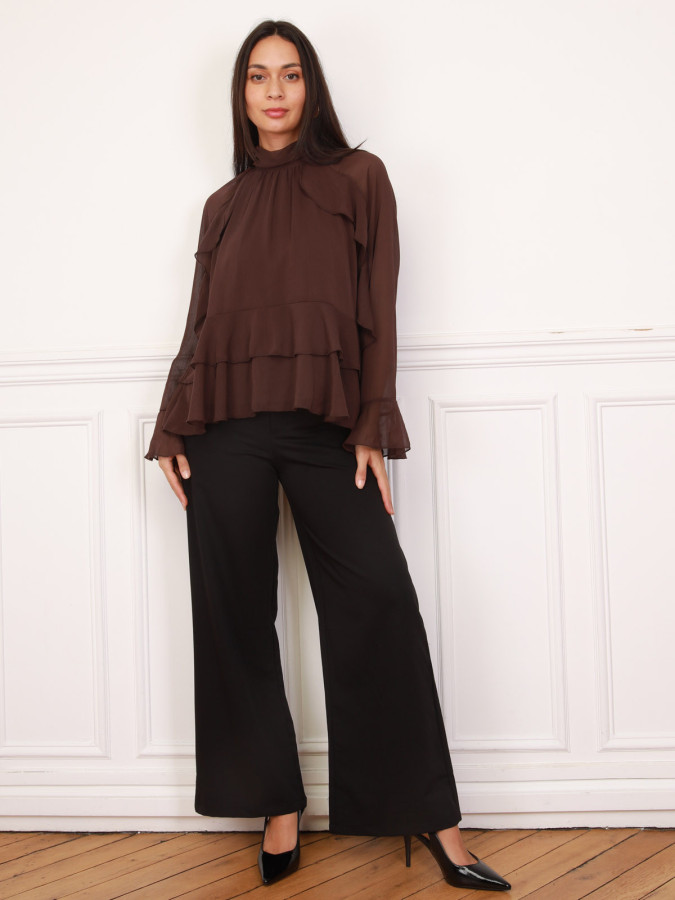 Blouse ample à volants marron et manches évasées
