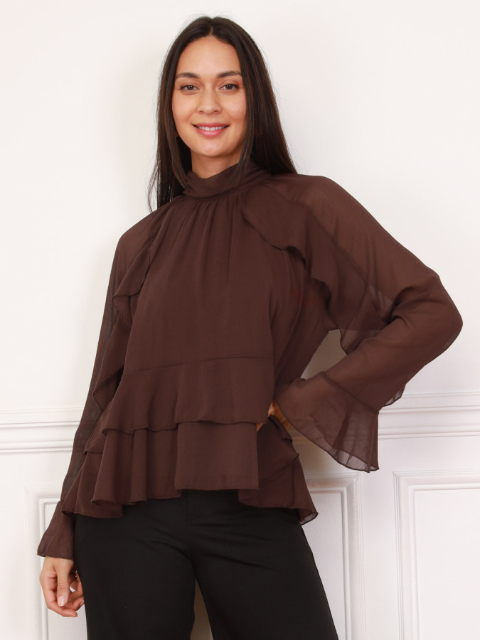 Blouse ample à volants marron et manches évasées