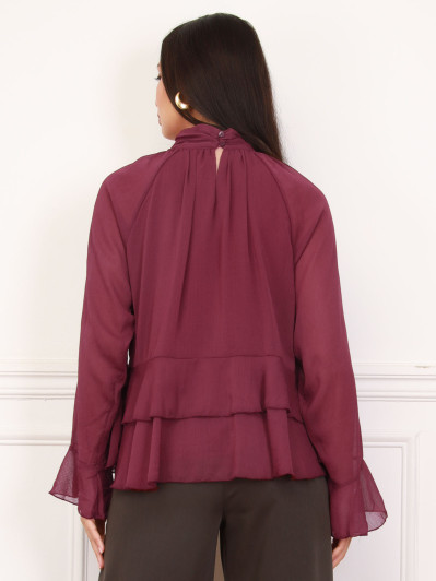 Blouse ample à volants bordeaux et manches évasées