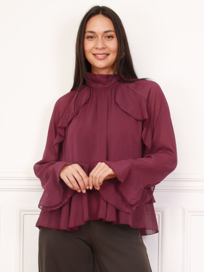 Blouse ample à volants bordeaux et manches évasées