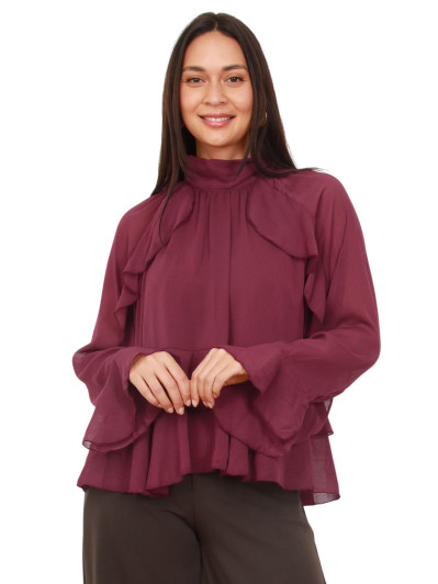 Blouse ample à volants bordeaux et manches évasées