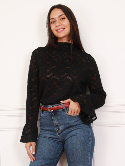 Top noir en dentelle à motifs fleurs
