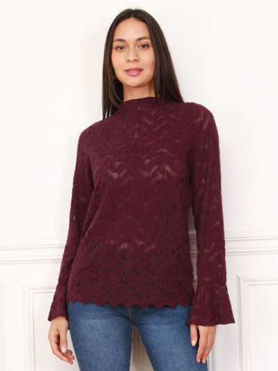 Top bordeaux en dentelle à motifs fleurs
