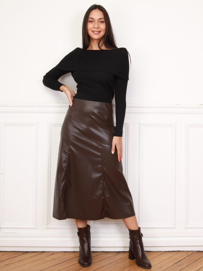 Top en maille côtelée à col bardot noir