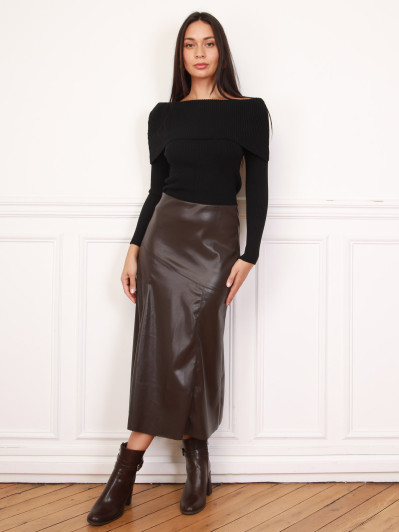 Top en maille côtelée à col bardot noir