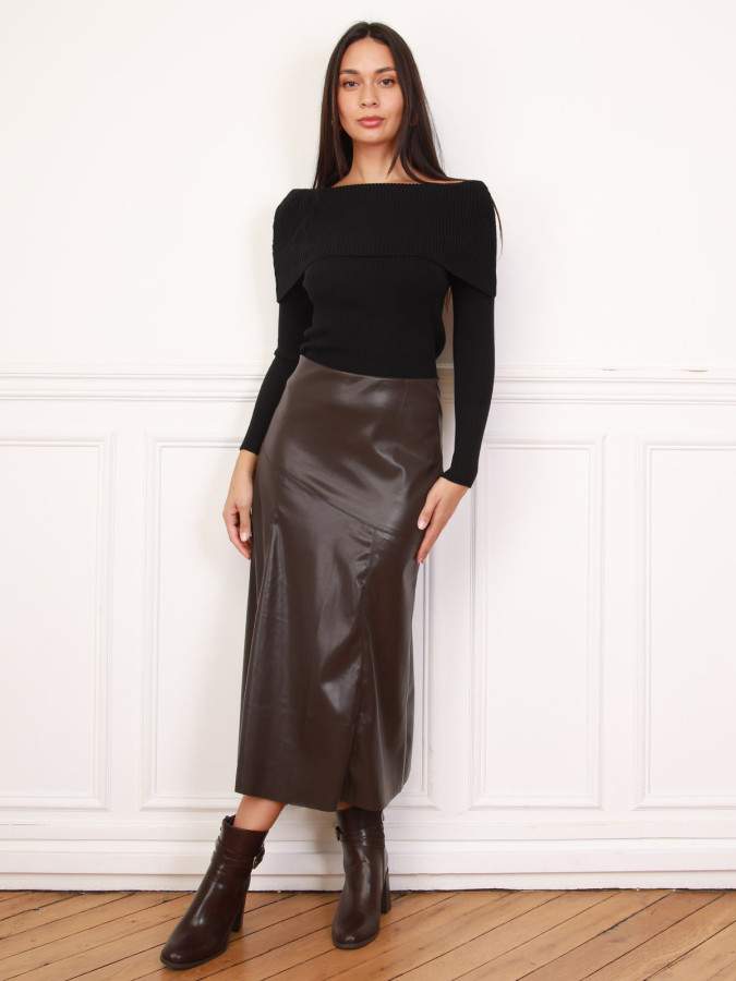 Top en maille côtelée à col bardot noir