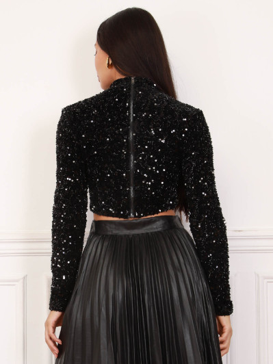 Crop top noir en velours, sequins et perles
