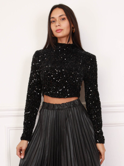 Crop top noir en velours, sequins et perles