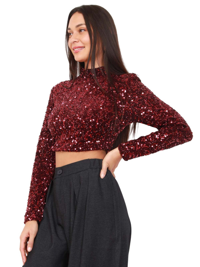 Crop top bordeaux en velours, sequins et perles