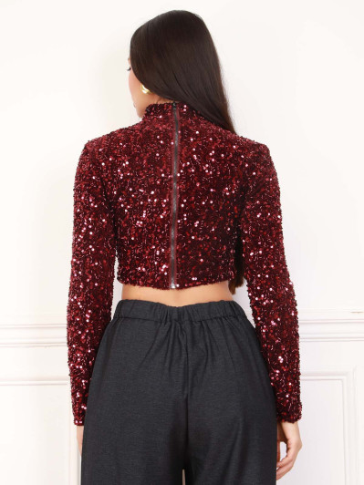 Crop top bordeaux en velours, sequins et perles