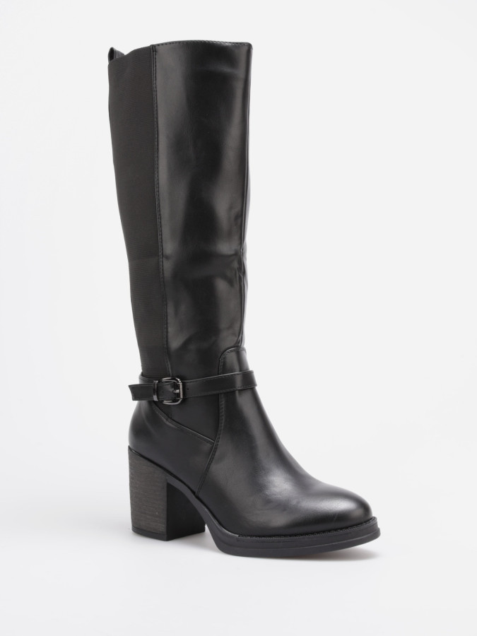 Bottes bi-matières noires avec bride et talon épais