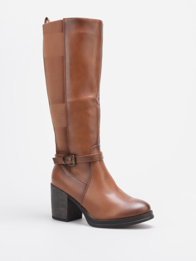 Bottes bi-matières camel avec bride et talon épais