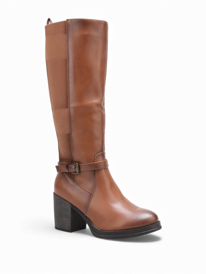 Bottes bi-matières camel avec bride et talon épais