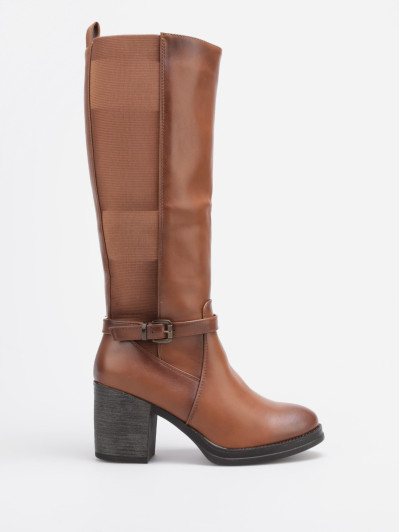 Bottes bi-matières camel avec bride et talon épais