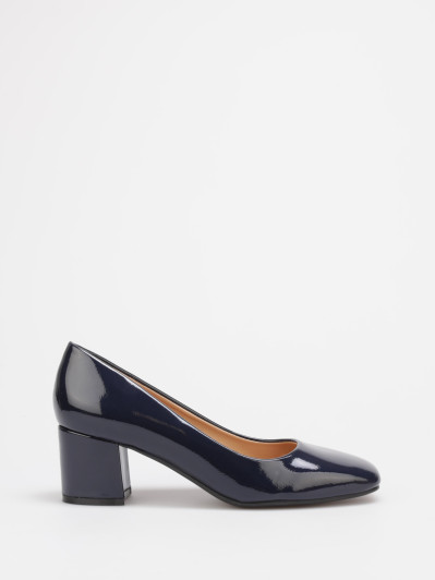 Escarpins vernis bleu foncé à talon bloc et bout carré