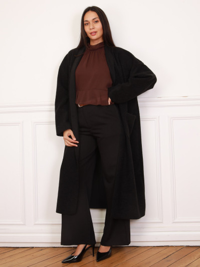 Gilet long en maille bouclette noir et à poches