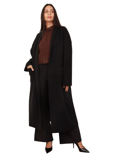 Gilet long en maille bouclette noir et à poches