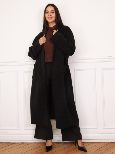 Gilet long en maille bouclette noir et à poches