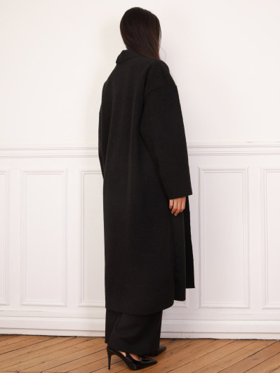 Gilet long en maille bouclette noir et à poches