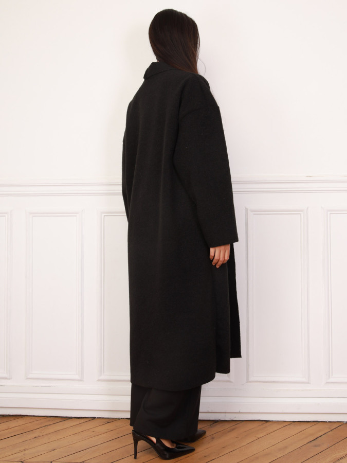 Gilet long en maille bouclette noir et à poches