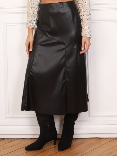 Jupe mi-longue trapèze en simili noir