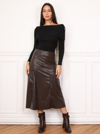 Jupe mi-longue trapèze en simili marron