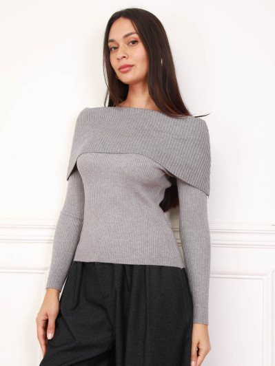 Top en maille côtelée à col bardot gris