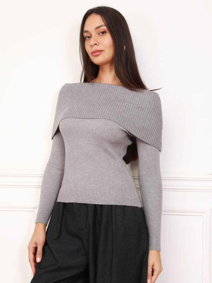 Top en maille côtelée à col bardot gris