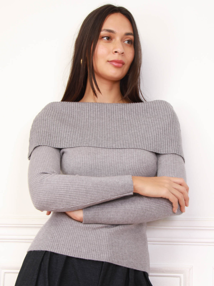 Top en maille côtelée à col bardot gris