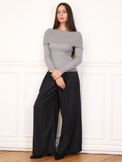 Top en maille côtelée à col bardot gris