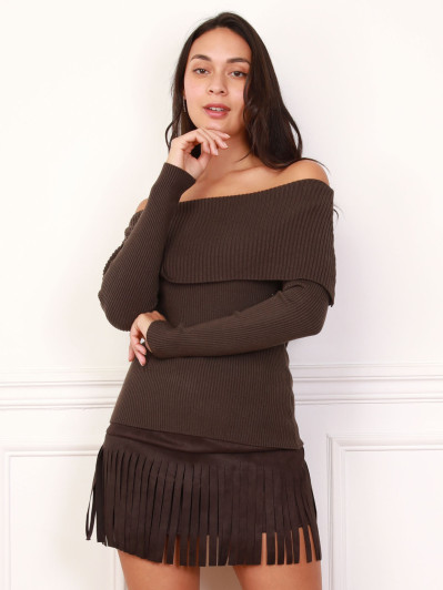 Top en maille côtelée à col bardot marron