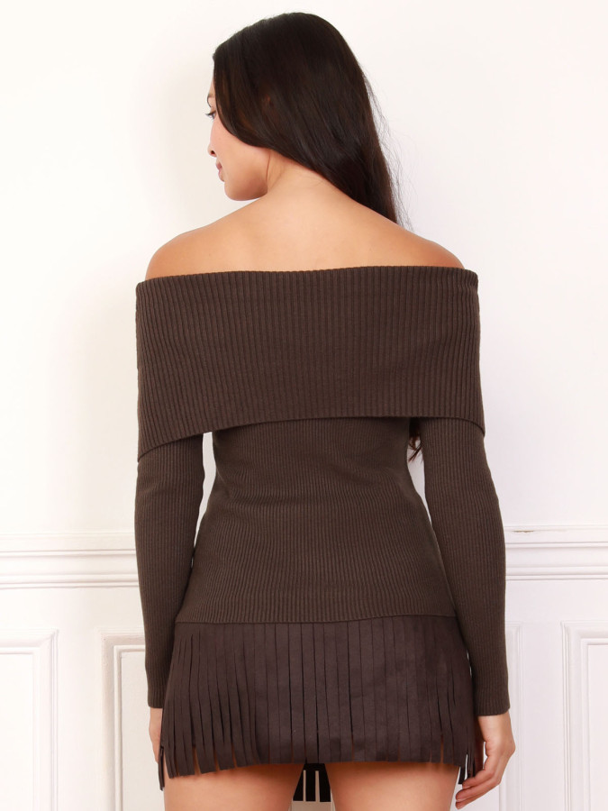 Top en maille côtelée à col bardot marron