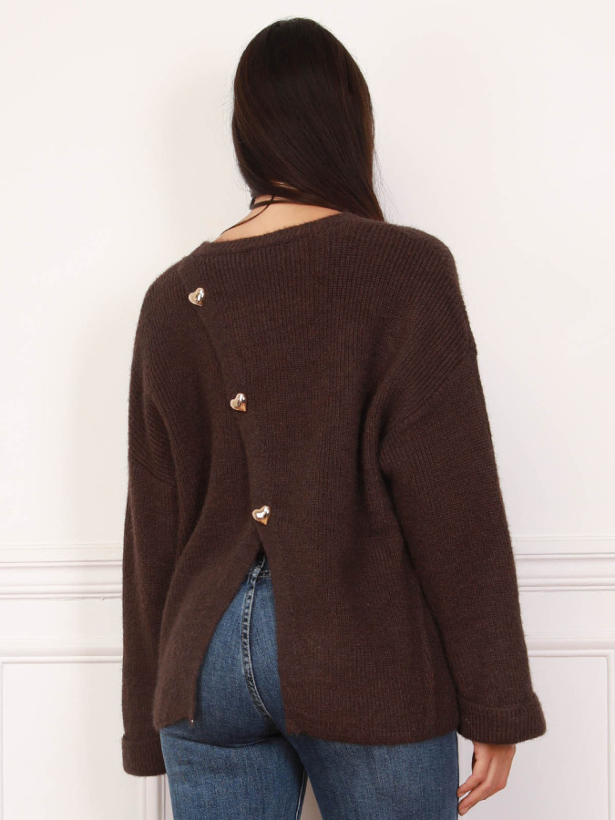Cardigan marron dos asymétrique et bijoux cœurs