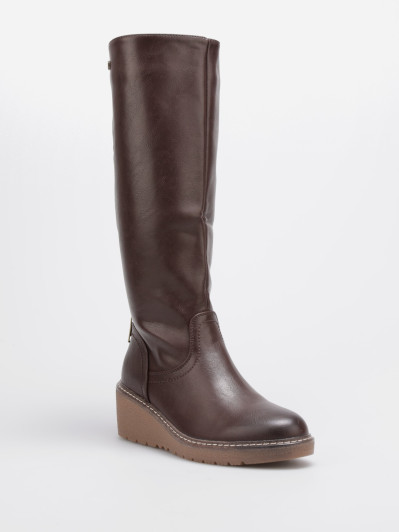 Bottes bi-matières à talon compensé marron