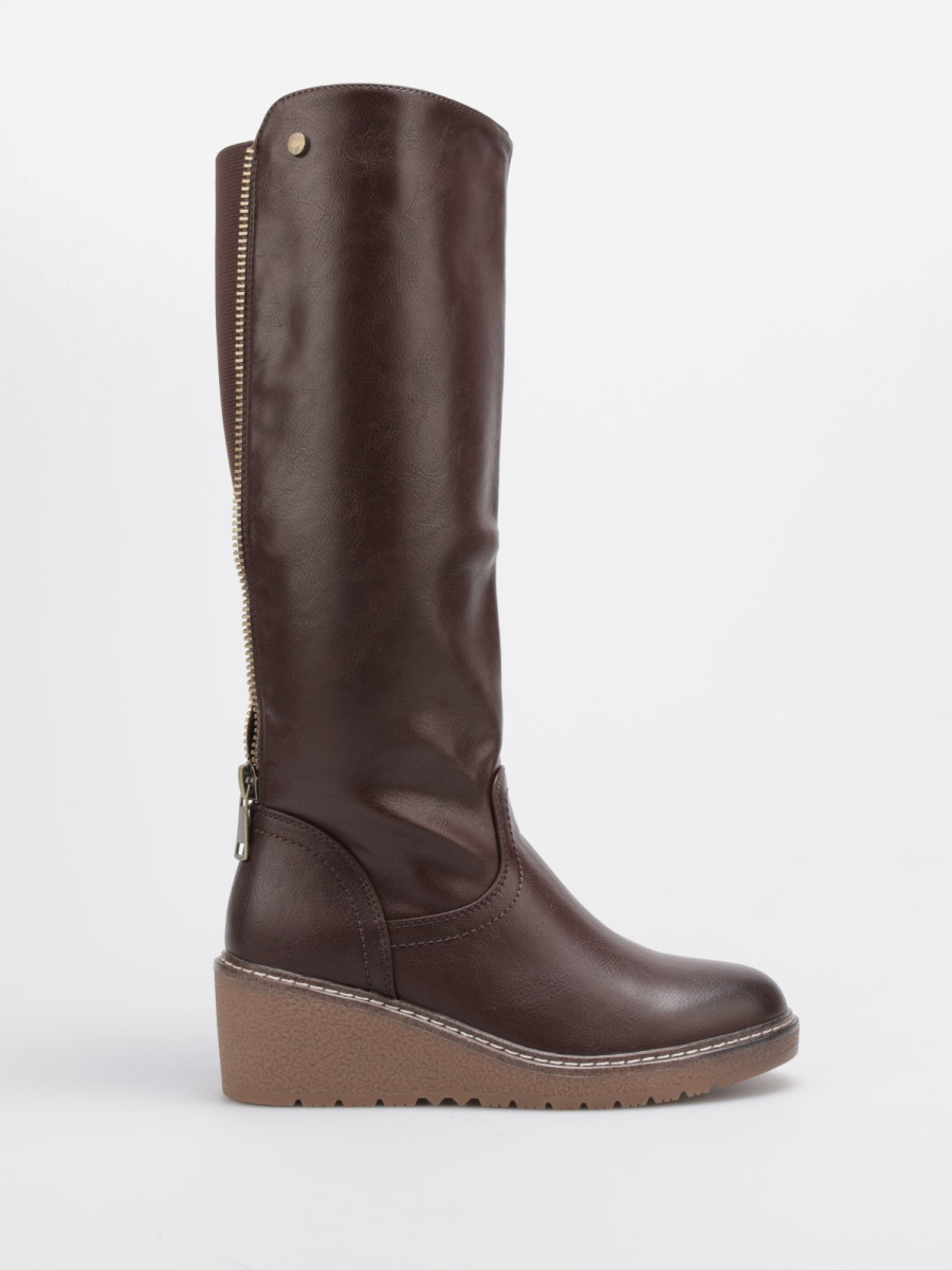 Bottes bi-matières à talon compensé marron