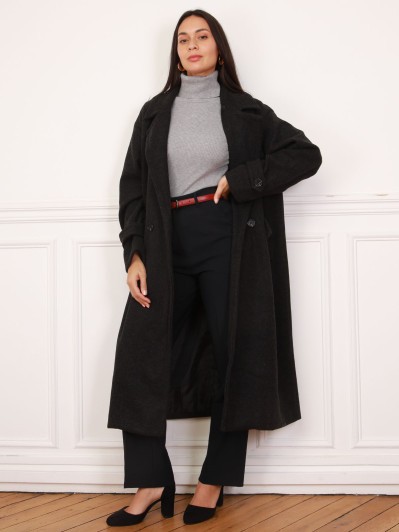 Manteau long noir à col fausse fourrure