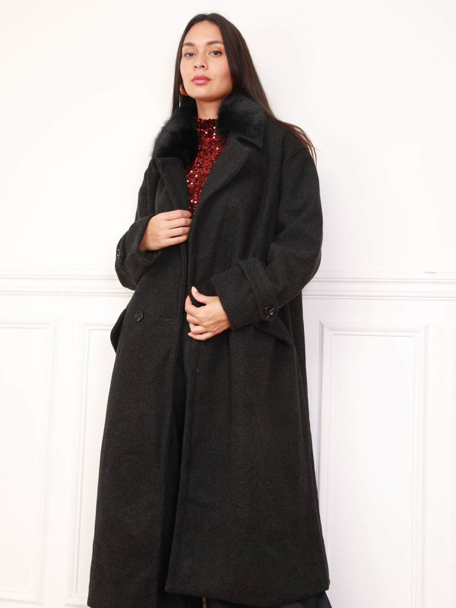 Manteau long noir à col fausse fourrure