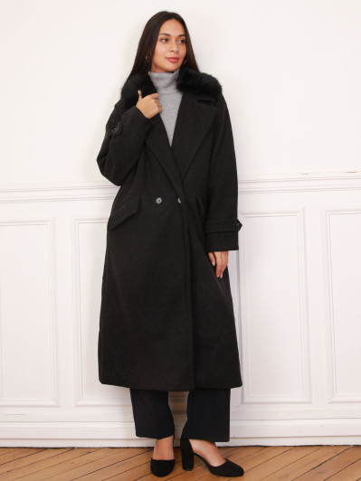Manteau long noir à col fausse fourrure