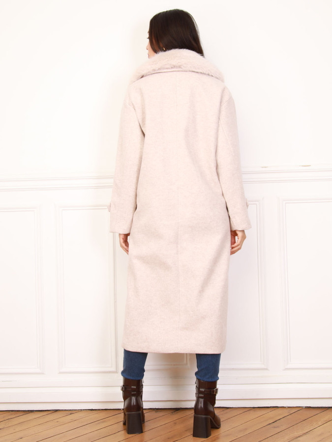 Manteau long beige à col fausse fourrure